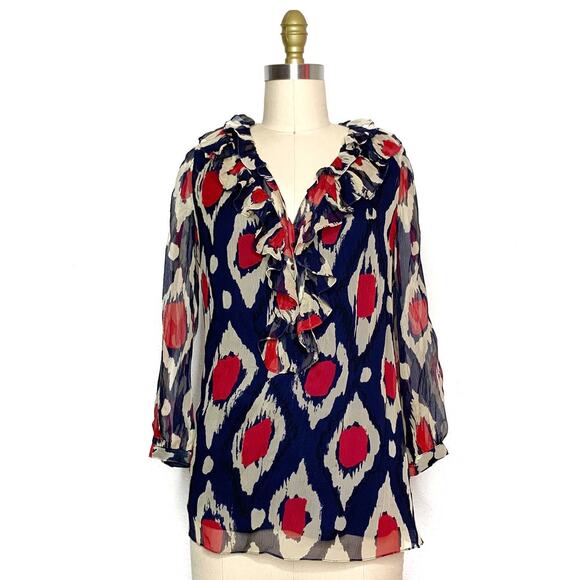 DVF Diane Von Furstenberg Candela Bis Silk Ikat Print Ruffle Blouse sz 0 - Picture 4 of 11